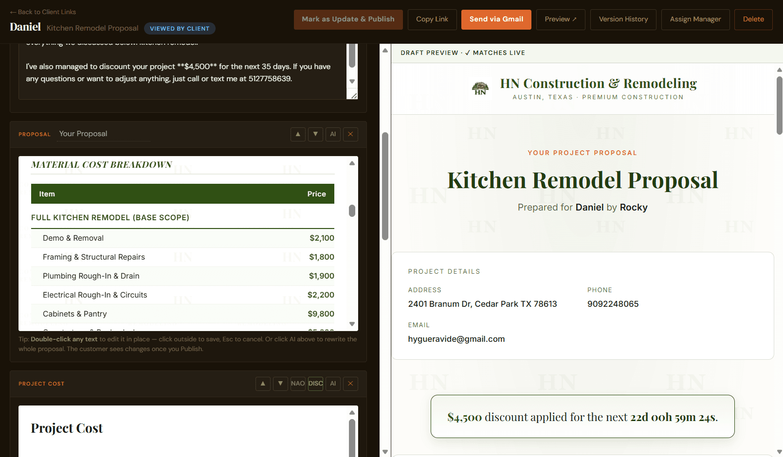 Material Cost Breakdown — itemized list of materials with prices grouped by scope