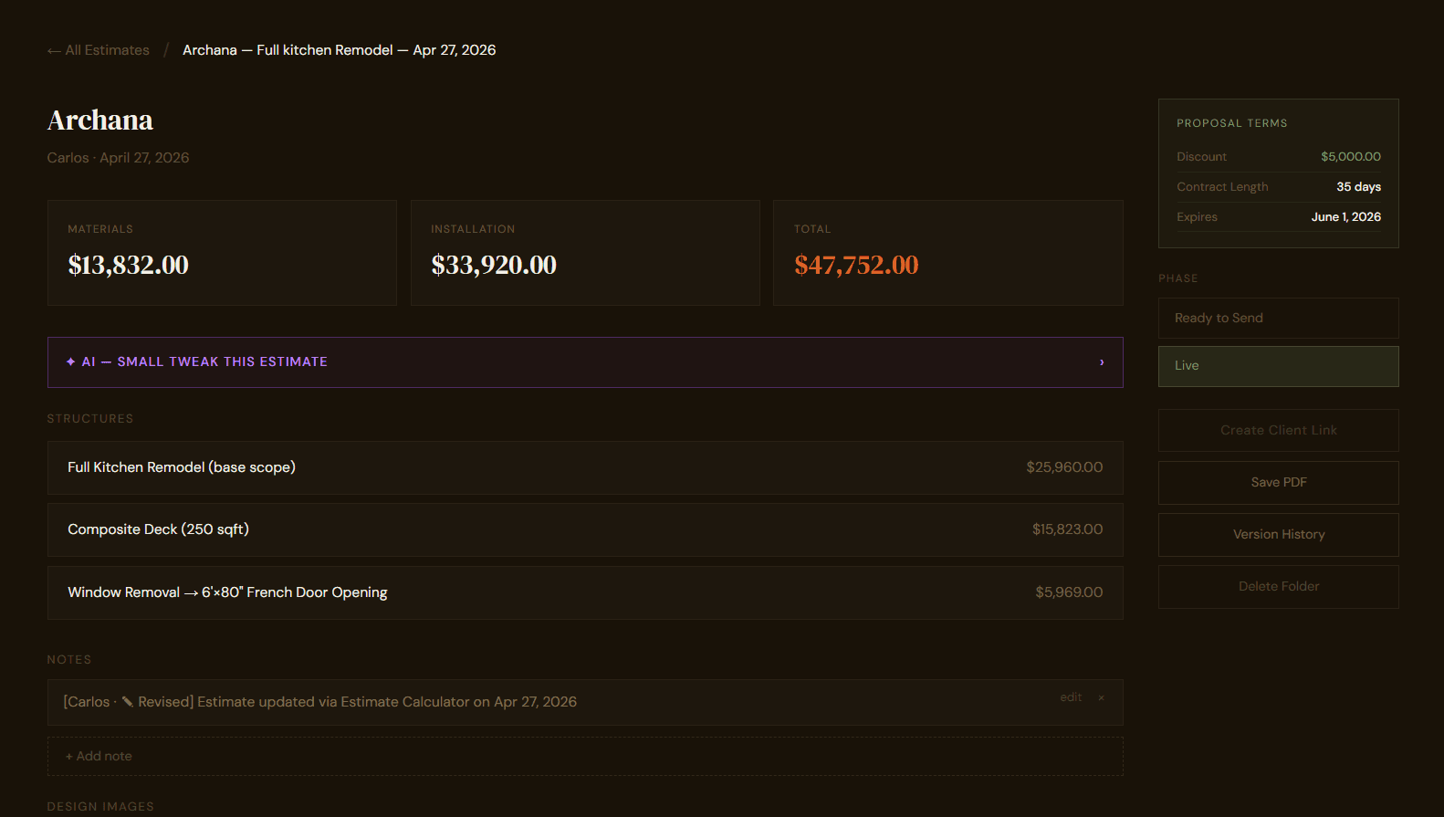 Estimate detail view — totals, structures, proposal terms, and phase tracking